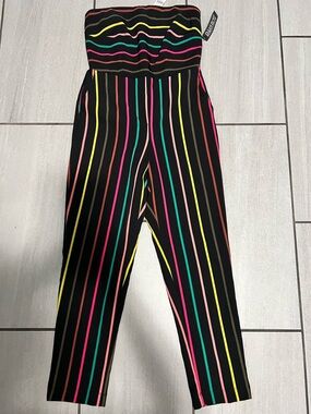 New York & Company Black Strapless Jumpsuit with Neon Stripe Detail
